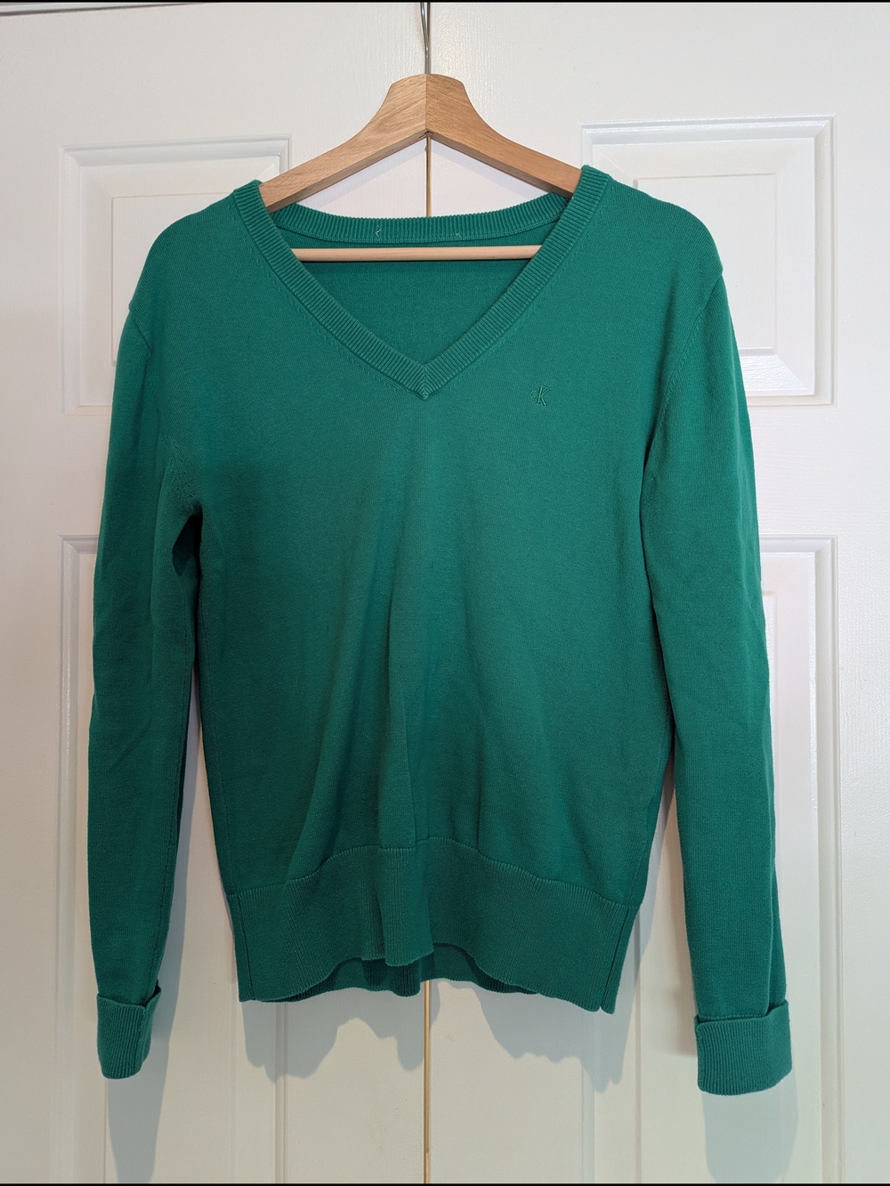 Calvin Klein Emerald Green V-Neck Sweater Top 90s Coastal Maximalist Preppy S/M